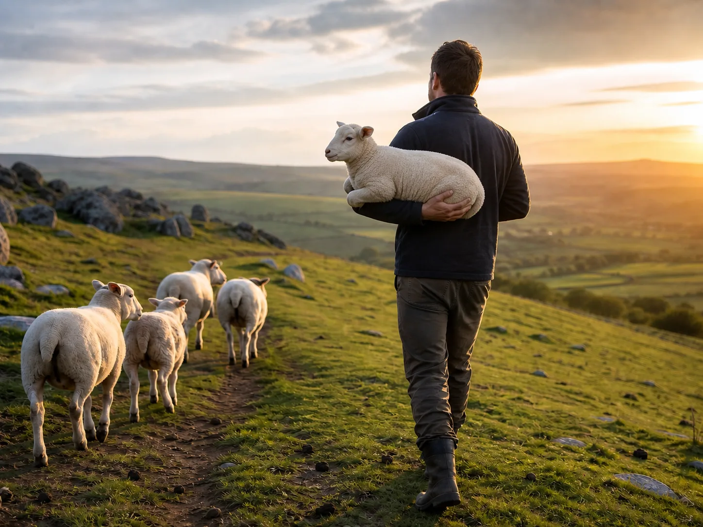Shepherd carrying a lamb across green pasture at sunset with four sheep following
