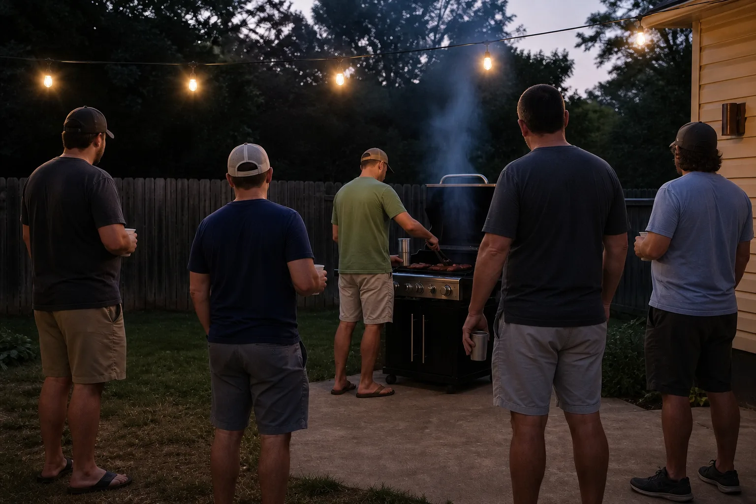 Five men seen from behind around a smoking backyard grill beneath string lights at dusk