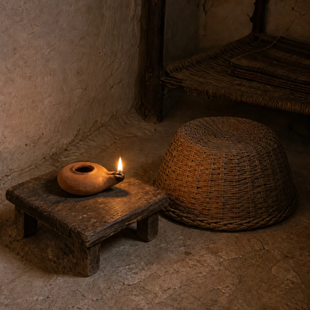 Lit terracotta oil lamp on a low wooden stand beside an upturned woven basket in a plastered room