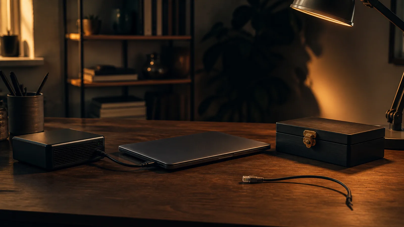 Closed laptop on a desk beside an external drive, a latched wooden box, and an unplugged network cable under lamplight