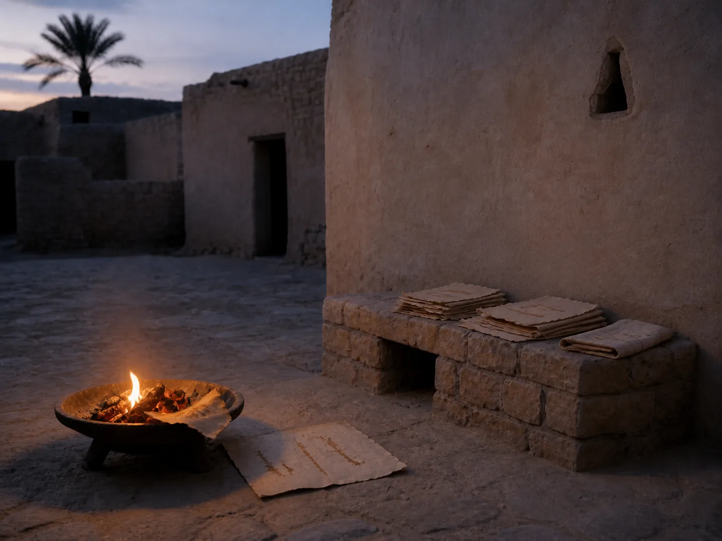 Glowing brazier in an empty courtyard at dusk with loose parchment nearby and stacked pages on a stone bench