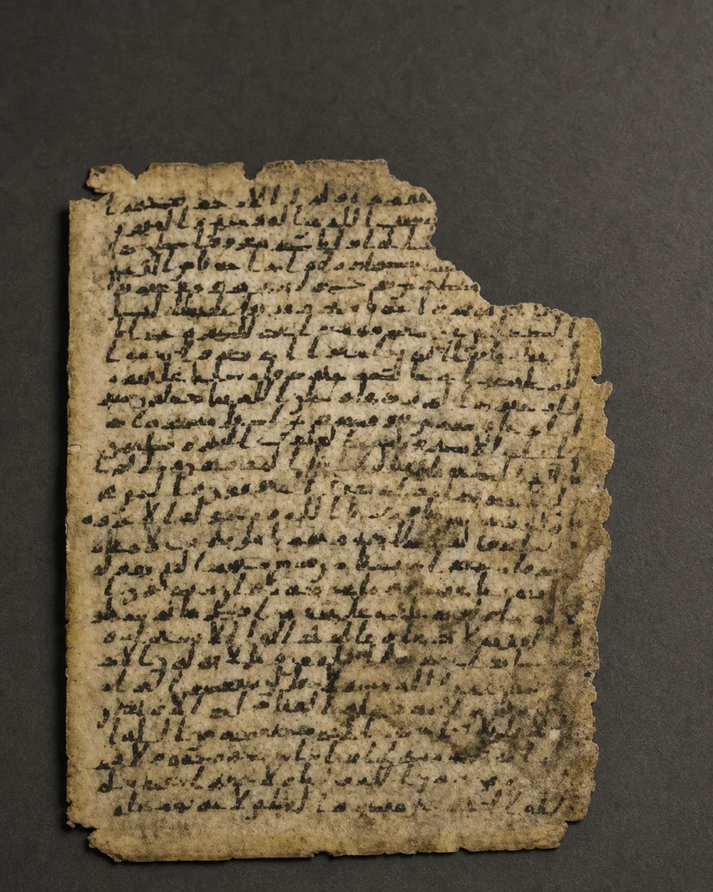 Aged rectangular parchment fragment covered with early Arabic script against a neutral gray background
