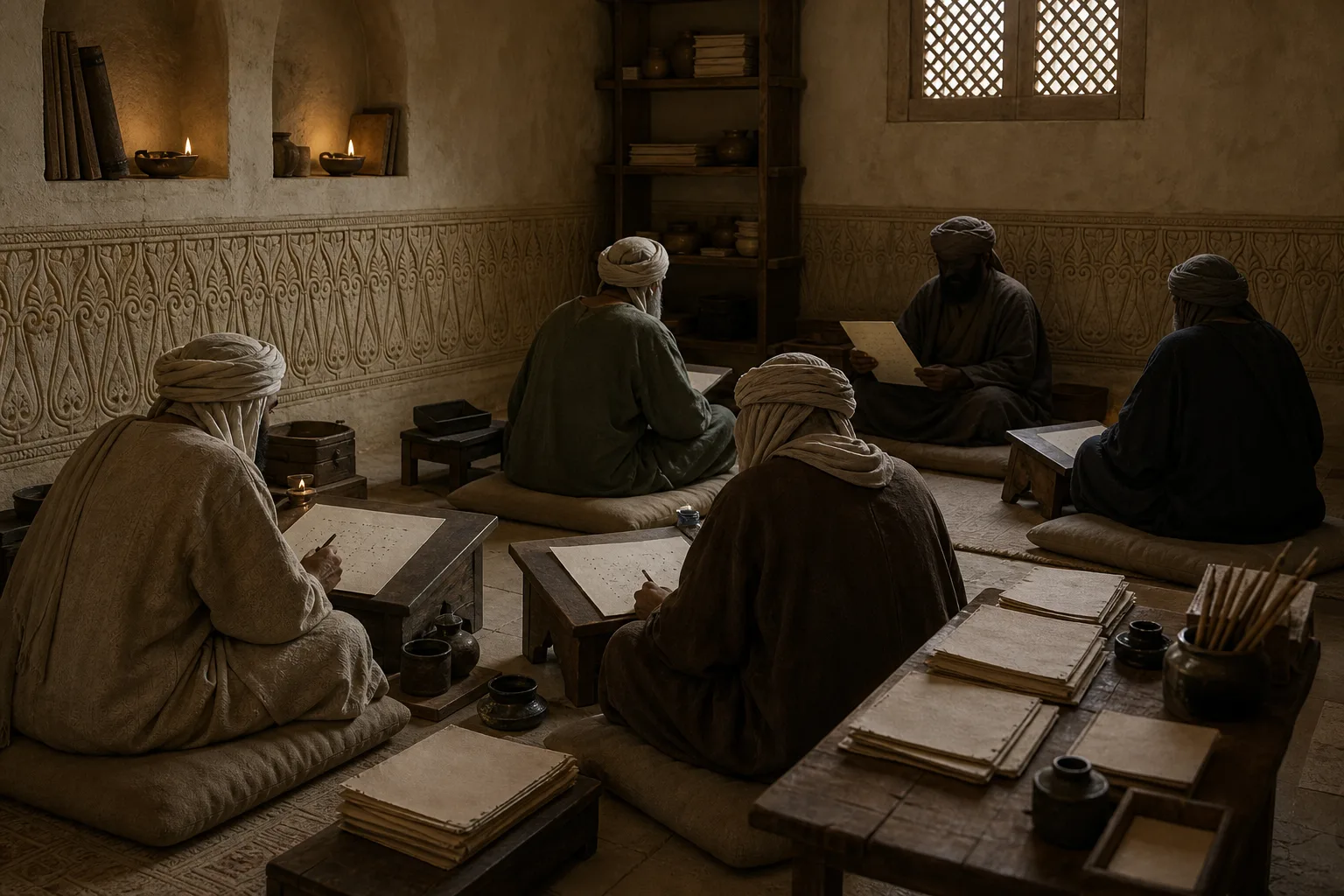 Six robed scribes seated on cushions at low writing desks in a lamplit stone scriptorium