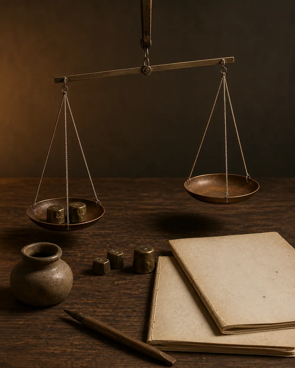 Antique hanging balance scale beside blank papers, small weights, and an inkpot on a dark desk