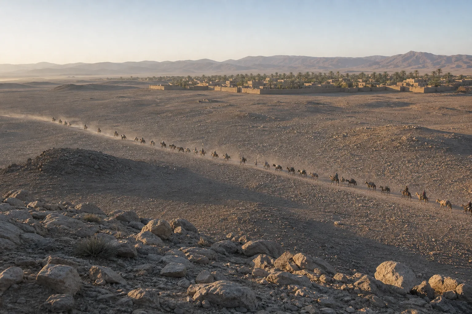 Long caravan of riders and camels crossing a desert toward a distant walled oasis city