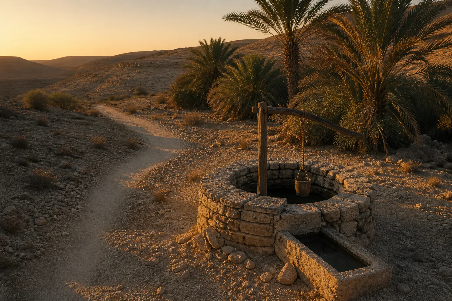Stone well and trough beside a winding path through palms and arid hills at sunset