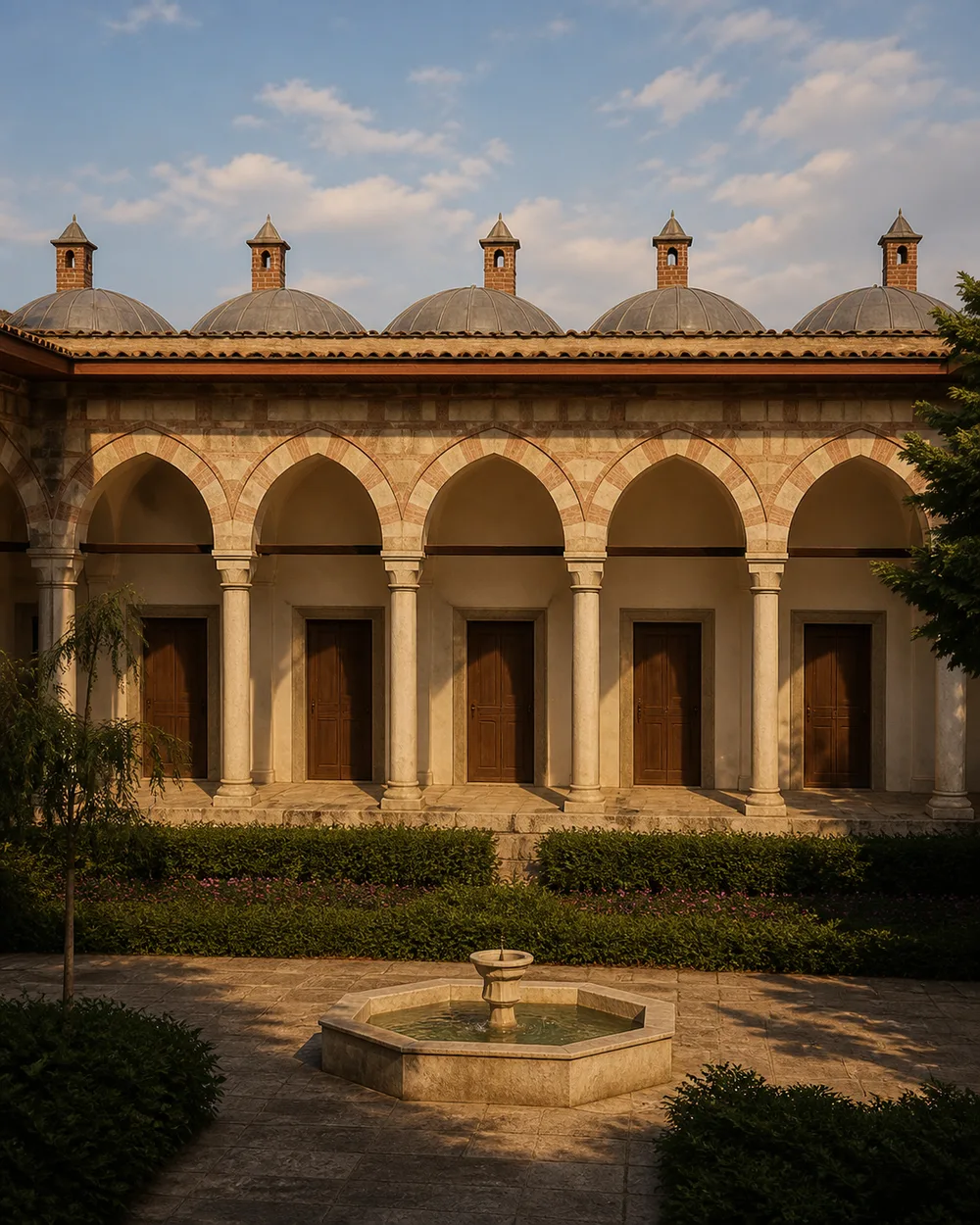 Five-arched courtyard facade and small central fountain beneath a warm sky
