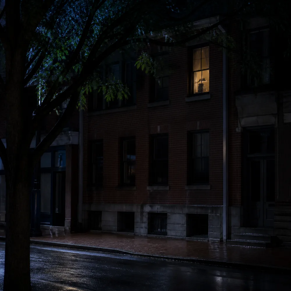 Single lit upper window in a dark brick building above a wet street at night