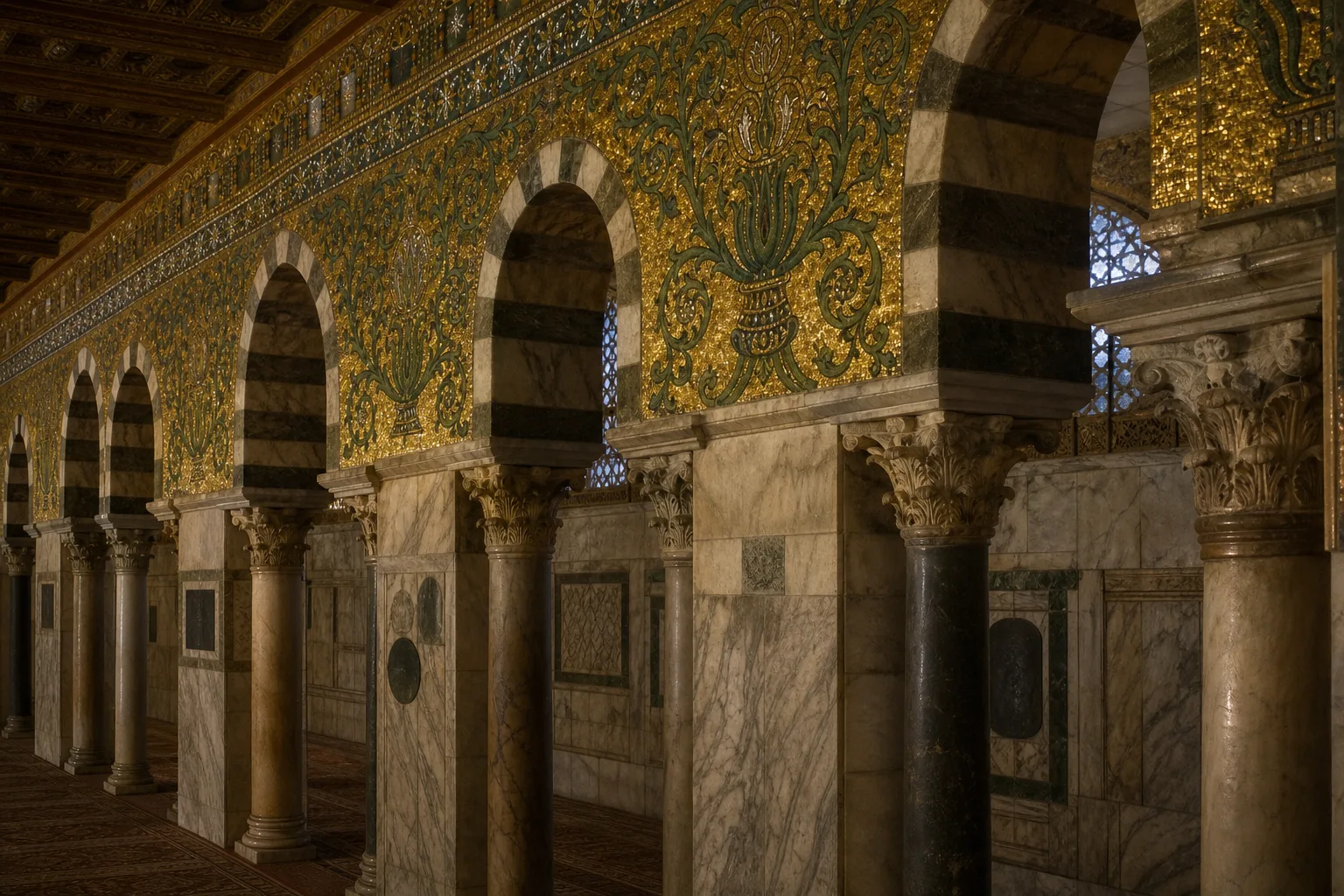 Gold-and-green mosaic-lined marble arcade inside an early Islamic shrine