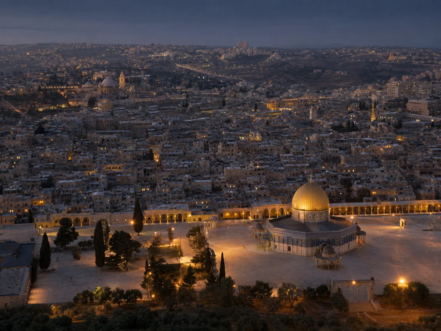 Dome of the Rock glowing amid Jerusalem at blue hour with city lights across the surrounding hills